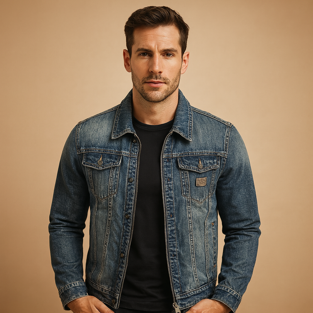 Men’s denim jacket with button closure and front pockets, suitable for daily wear and casual occasions, easy to combine with jeans or chinos.