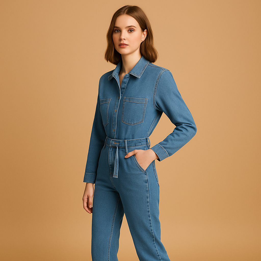 Denim jumpsuit for women with straight legs and long sleeves, suitable for everyday wear and casual occasions.