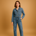 Denim jumpsuit for women with straight legs and long sleeves, suitable for everyday wear and casual occasions.