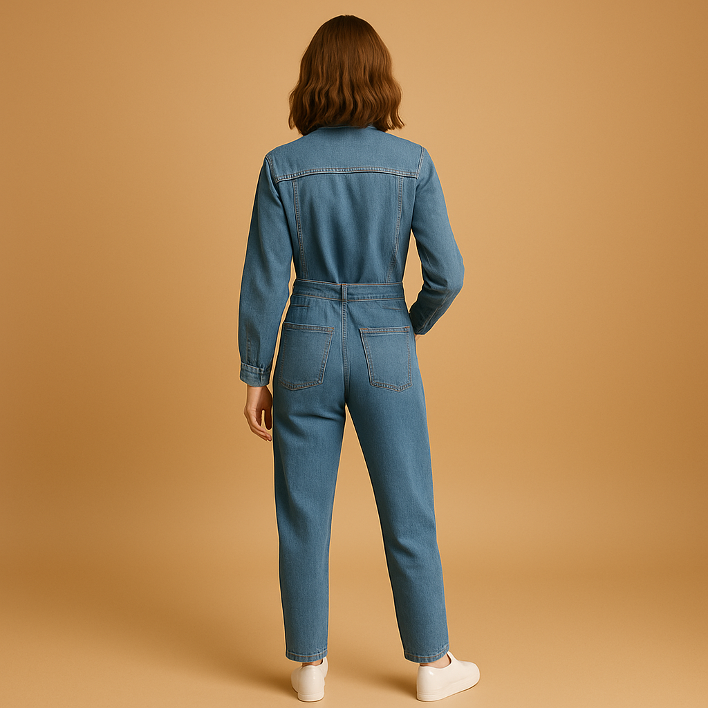 Denim jumpsuit for women with straight legs and long sleeves, suitable for everyday wear and casual occasions.