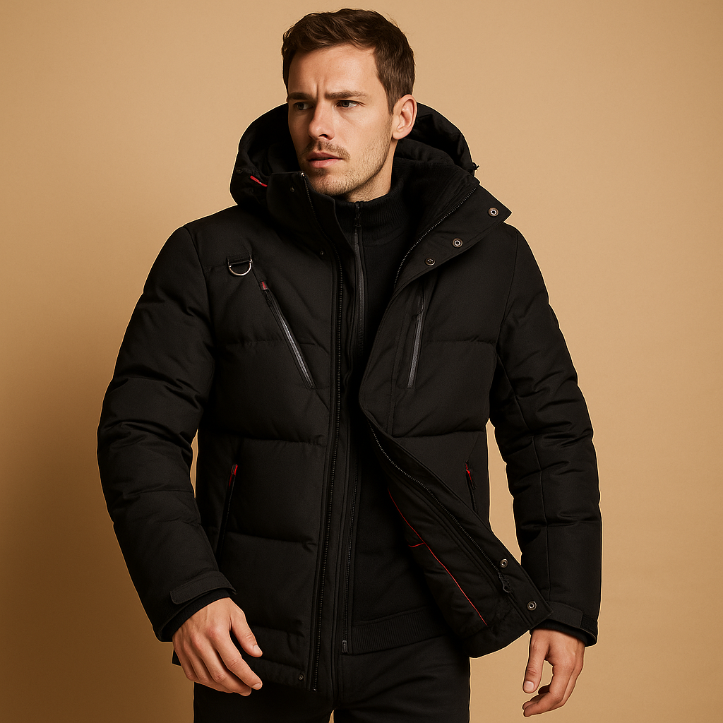 Men’s down parka with removable hood and regular fit, suitable for daily winter wear and outdoor cold weather activities.