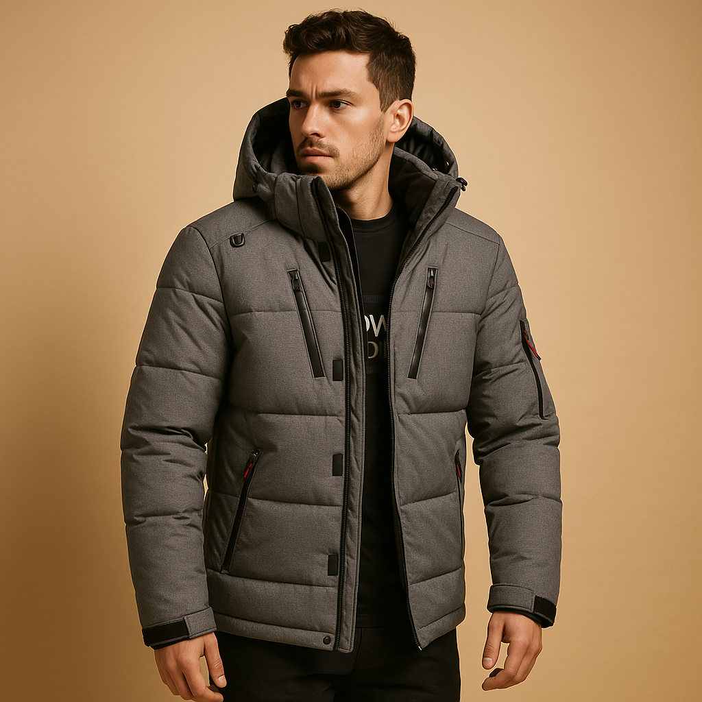 Men’s down parka with removable hood and regular fit, suitable for daily winter wear and outdoor cold weather activities.