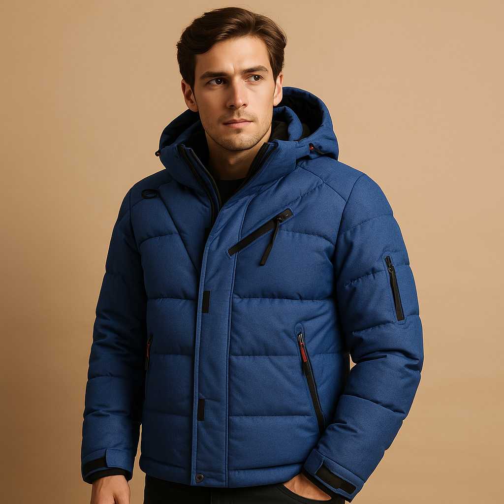Men’s down parka with removable hood and regular fit, suitable for daily winter wear and outdoor cold weather activities.