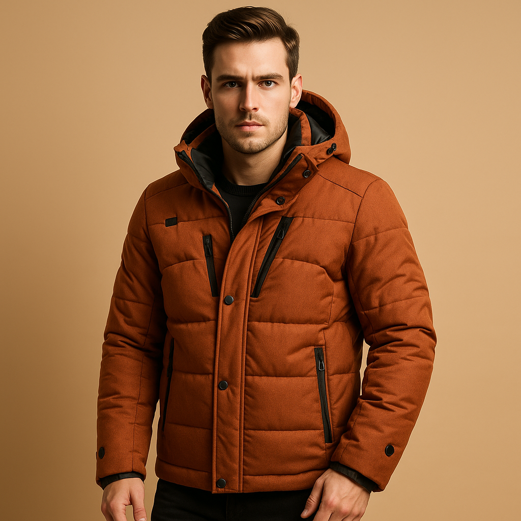 Men’s down parka with removable hood and regular fit, suitable for daily winter wear and outdoor cold weather activities.