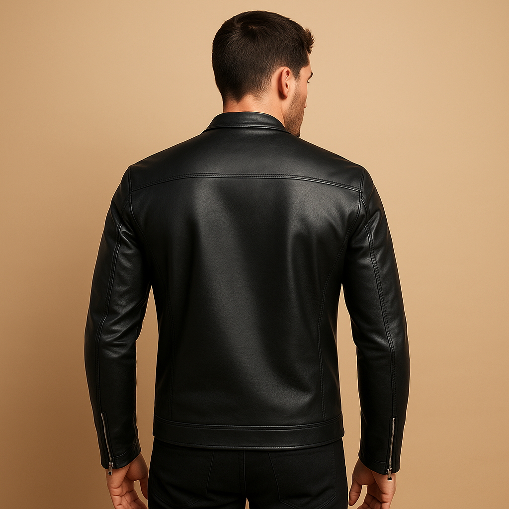 Elegant biker jacket for men with a tailored fit, waterproof design, and soft inner lining, ideal for daily wear and motorcycle rides.