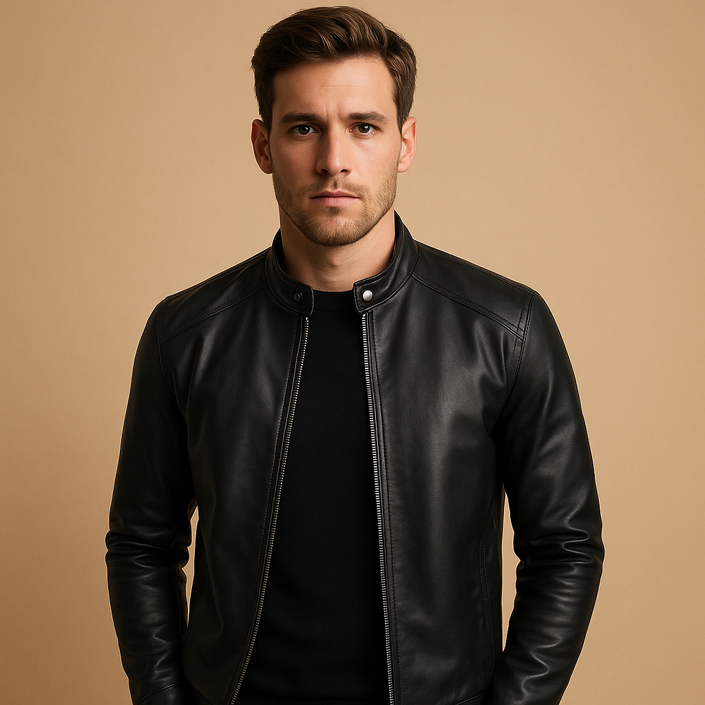 Elegant biker jacket for men with a tailored fit, waterproof design, and soft inner lining, ideal for daily wear and motorcycle rides.