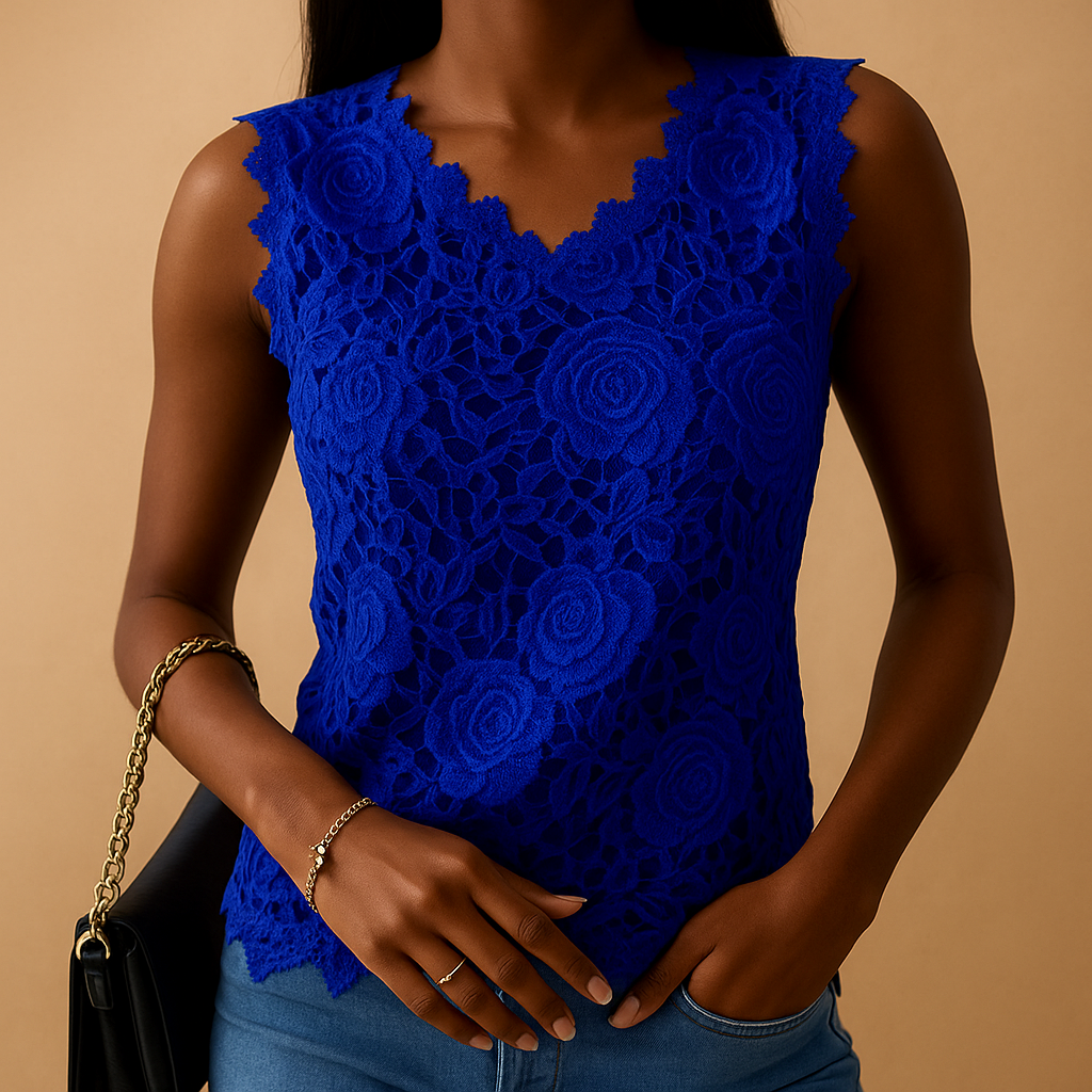 Elegant lace blouse with round neck for women in white, black, pink, red and blue, ideal for office wear, casual outfits and semi-formal occasions.