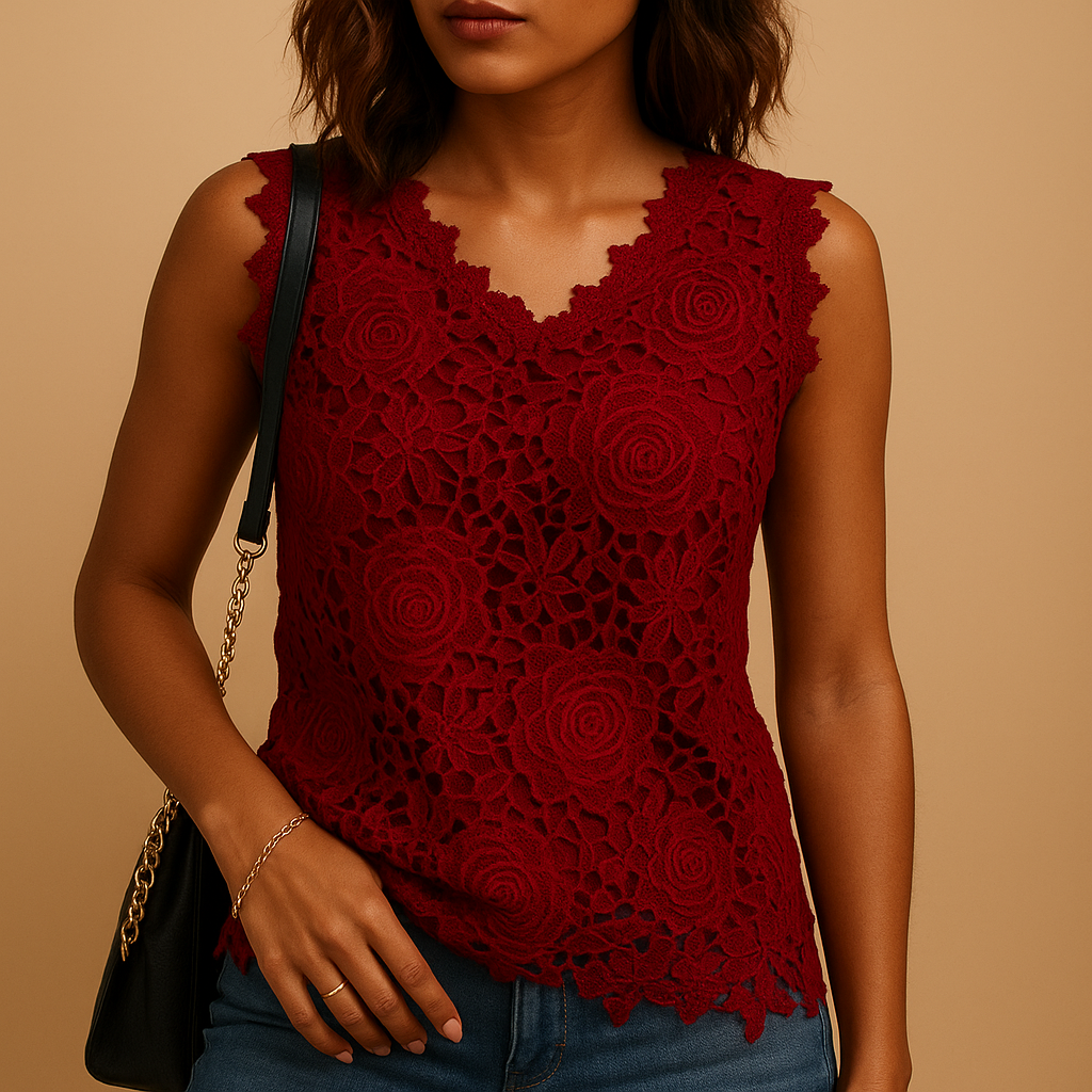 Elegant lace blouse with round neck for women in white, black, pink, red and blue, ideal for office wear, casual outfits and semi-formal occasions.