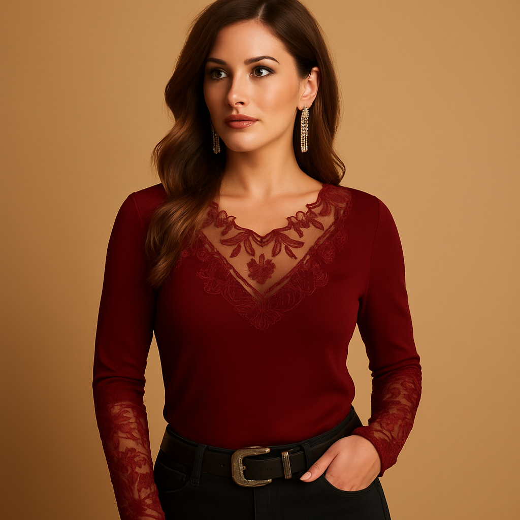 Women’s elegant lace blouse with feminine tailored fit, suitable for office wear, casual outfits, and formal evening occasions.