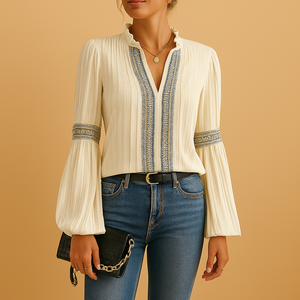 Elegant lace lantern sleeve blouse for women with loose fit and delicate patchwork, ideal for work, evening outings and casual occasions.