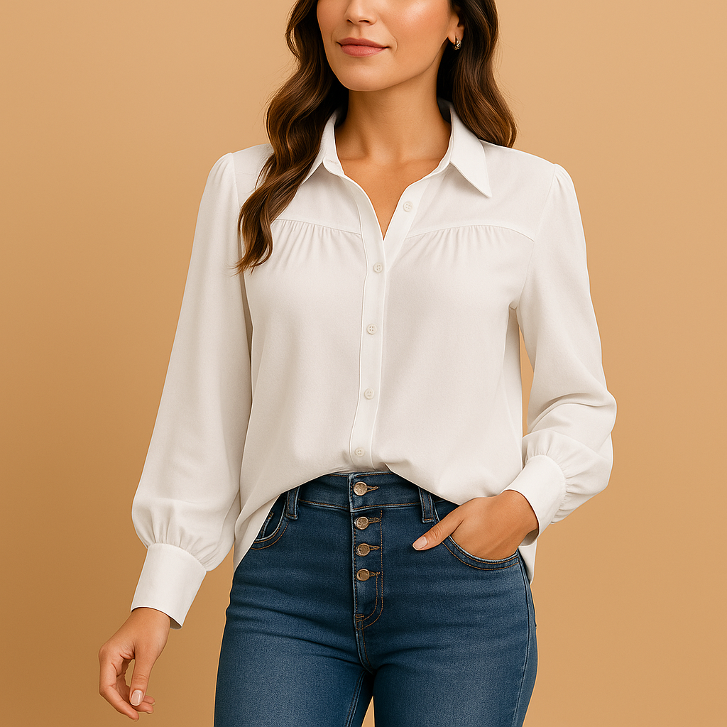 Elegant lantern sleeve blouse for women with shirt collar and button closure, perfect for office wear and stylish everyday outfits.