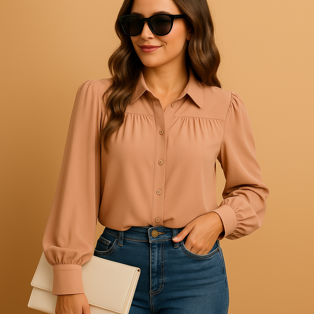 Elegant lantern sleeve blouse for women with shirt collar and button closure, perfect for office wear and stylish everyday outfits.