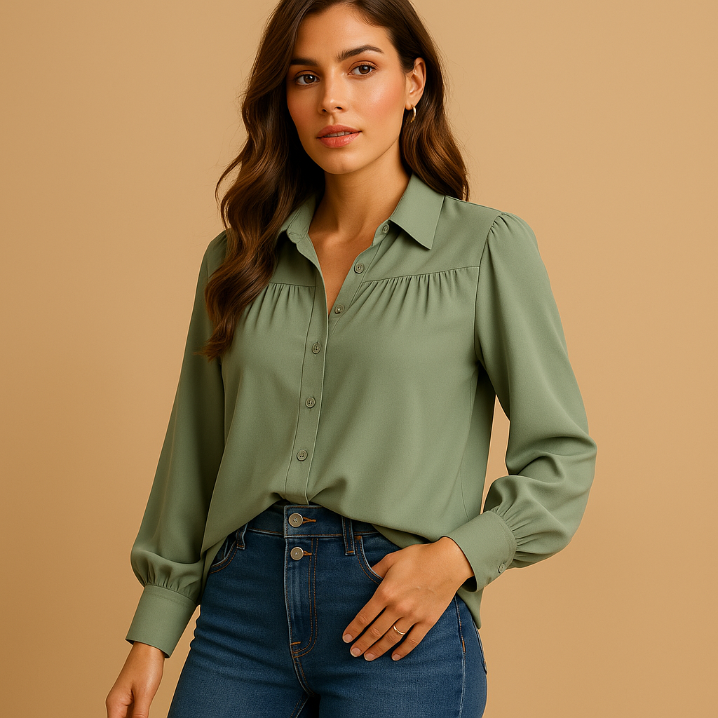 Elegant lantern sleeve blouse for women with shirt collar and button closure, perfect for office wear and stylish everyday outfits.