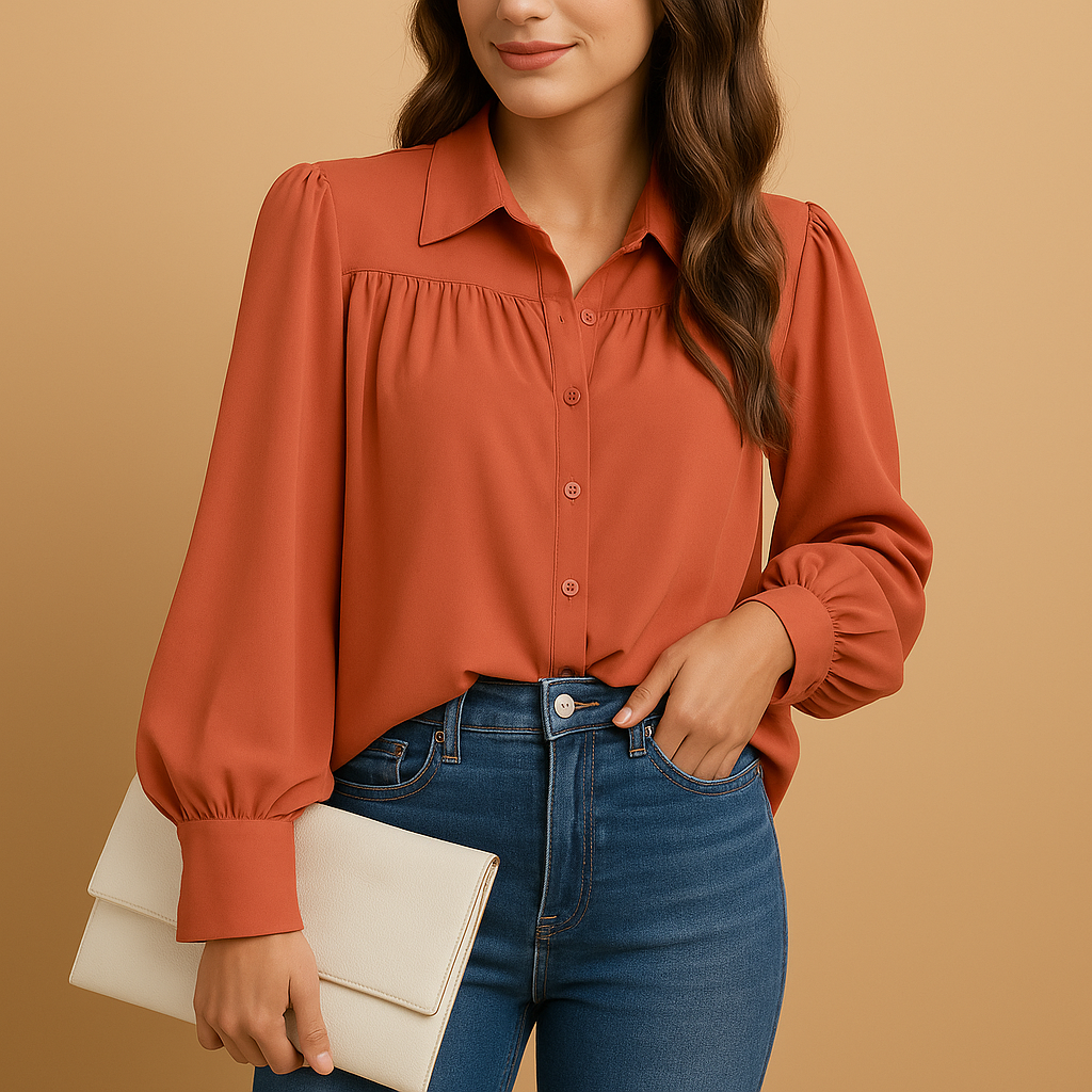 Elegant lantern sleeve blouse for women with shirt collar and button closure, perfect for office wear and stylish everyday outfits.