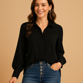 Elegant lantern sleeve blouse for women with shirt collar and button closure, perfect for office wear and stylish everyday outfits.