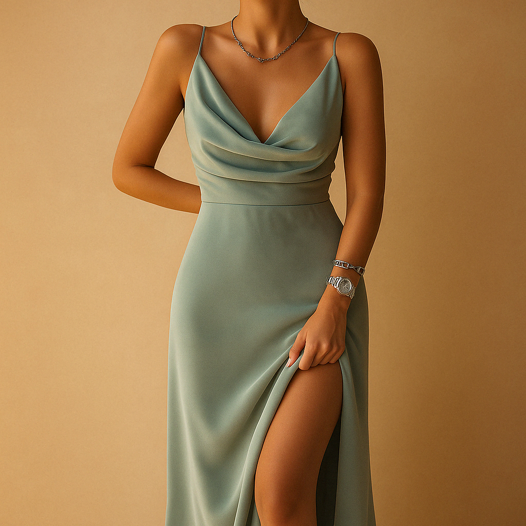 Elegant maxi dress for women with a flowing fit and V-neck, suitable for weddings, galas, and formal occasions.