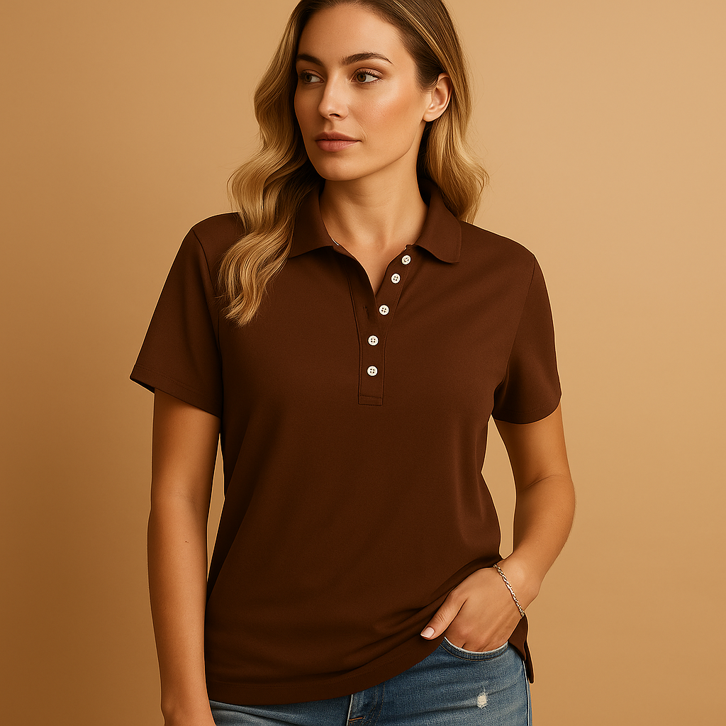 Women’s elegant polo shirt with tailored fit and classic collar, suitable for office wear, casual outfits, and everyday styling.