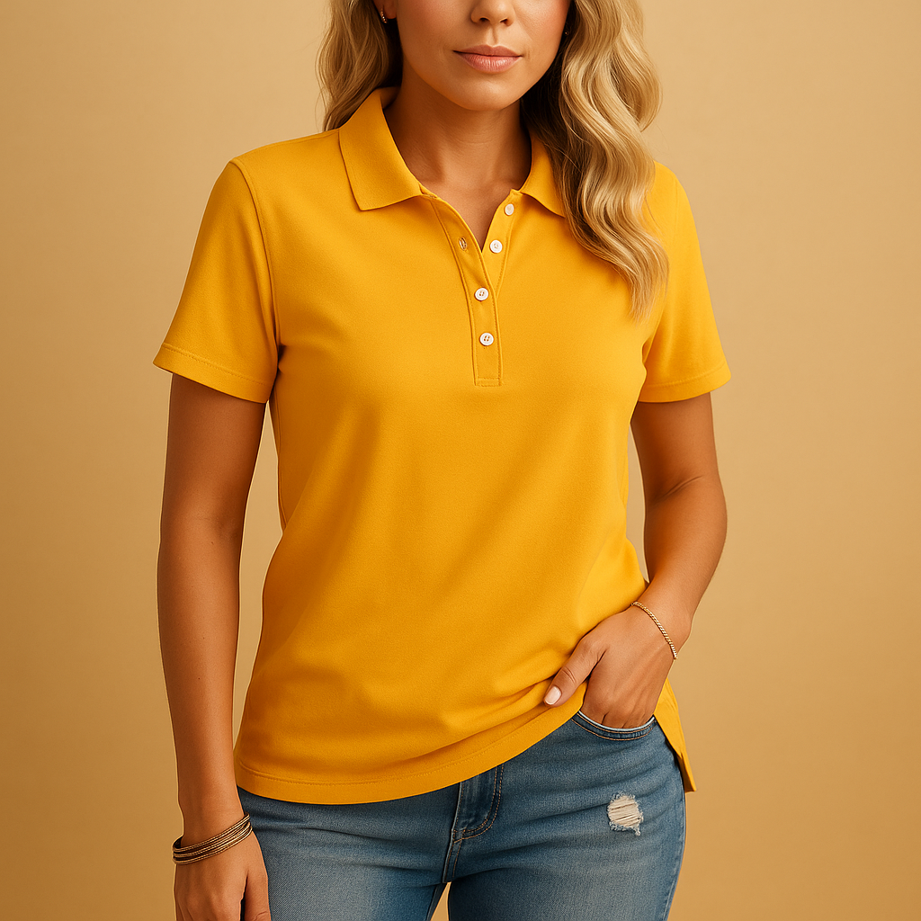 Women’s elegant polo shirt with tailored fit and classic collar, suitable for office wear, casual outfits, and everyday styling.