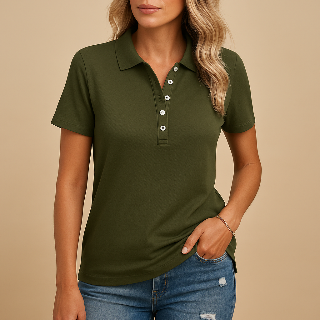 Women’s elegant polo shirt with tailored fit and classic collar, suitable for office wear, casual outfits, and everyday styling.