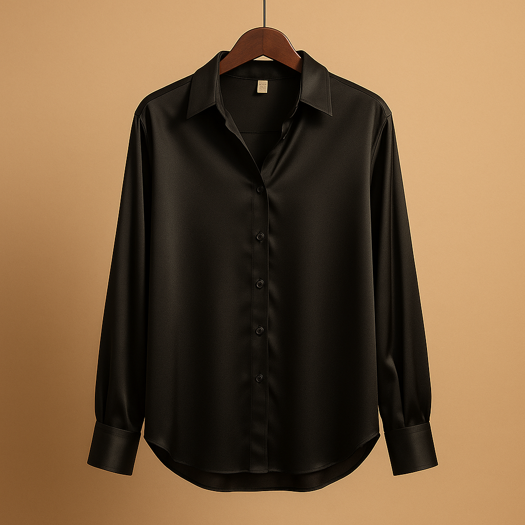 Elegant satin blouse with collar for women featuring a smooth flowing fit and button closure, ideal for office wear and formal occasions.