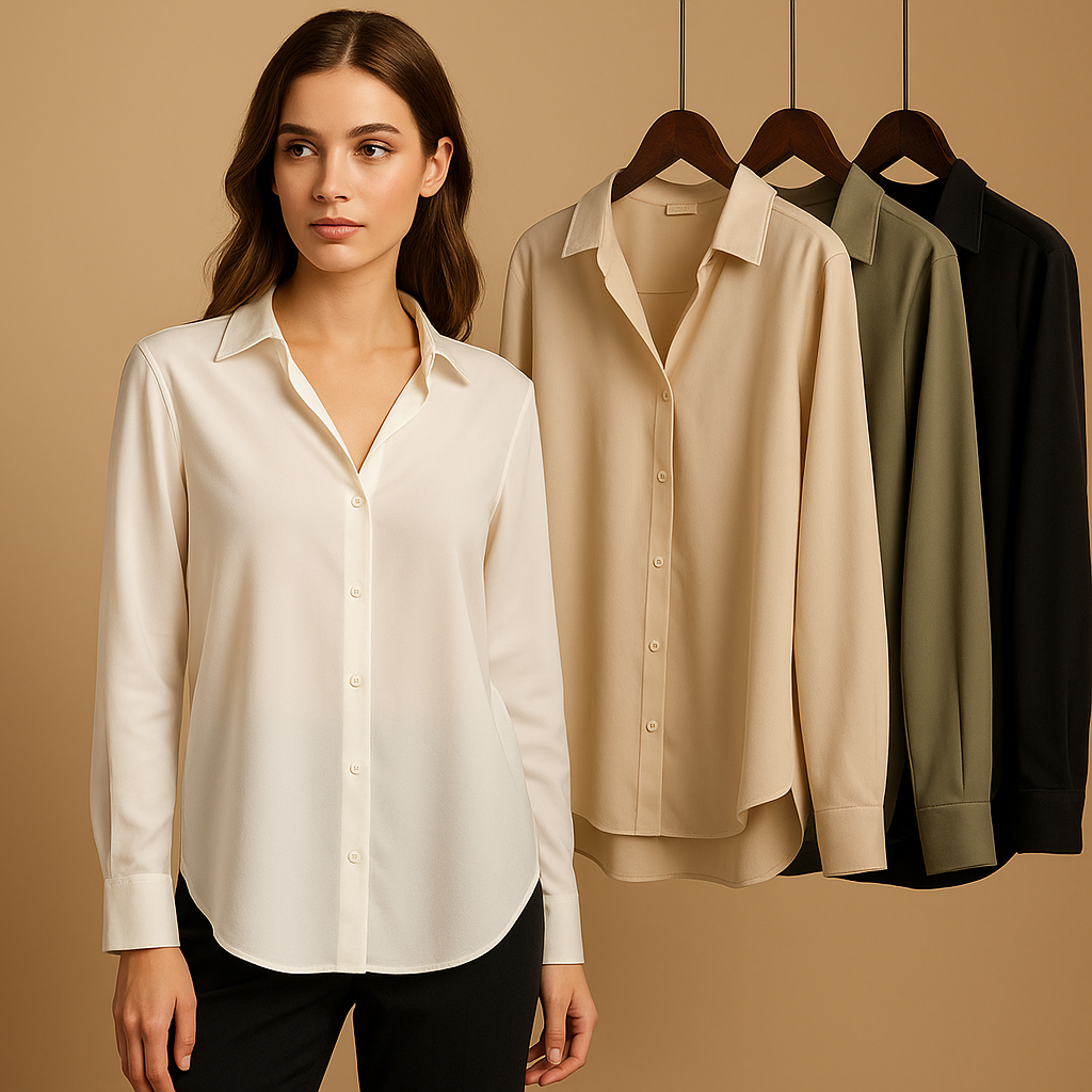 Elegant satin blouse with collar for women featuring a smooth flowing fit and button closure, ideal for office wear and formal occasions.