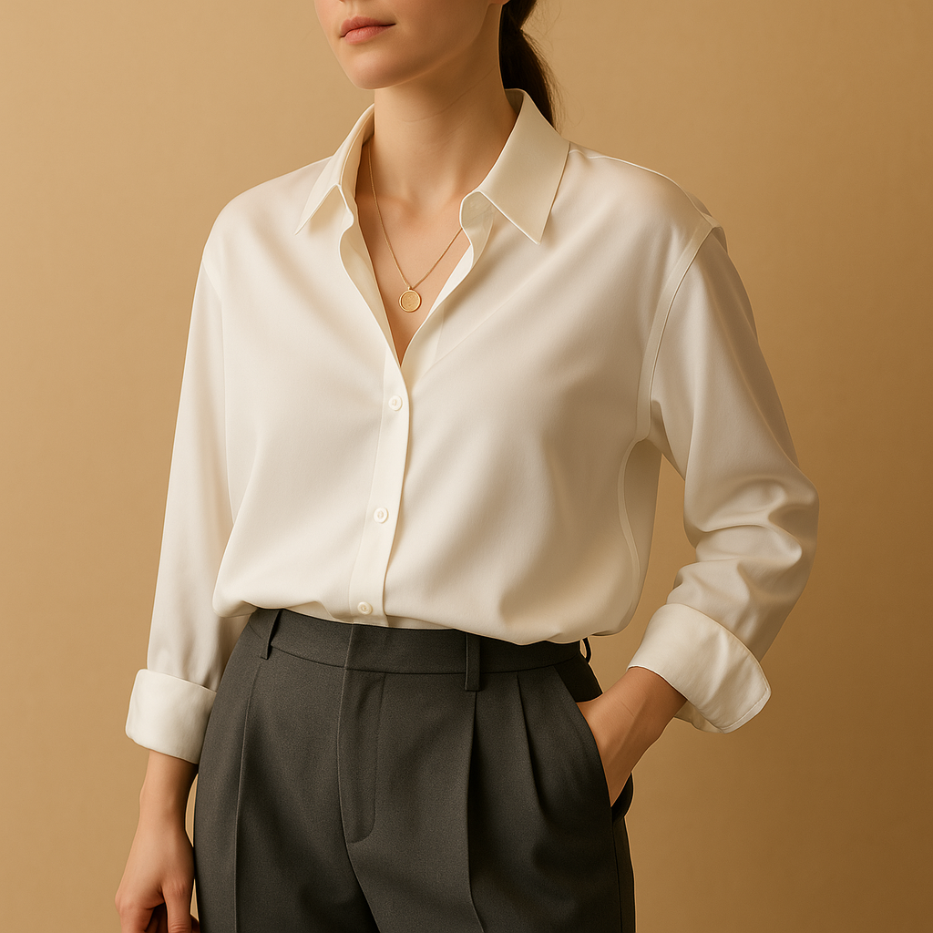Elegant satin blouse with collar for women featuring a smooth flowing fit and button closure, ideal for office wear and formal occasions.