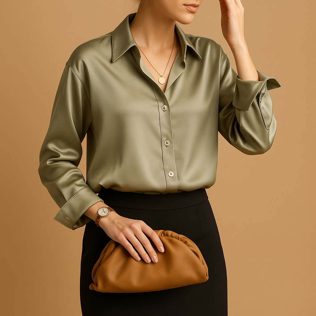Elegant satin blouse with collar for women featuring a smooth flowing fit and button closure, ideal for office wear and formal occasions.