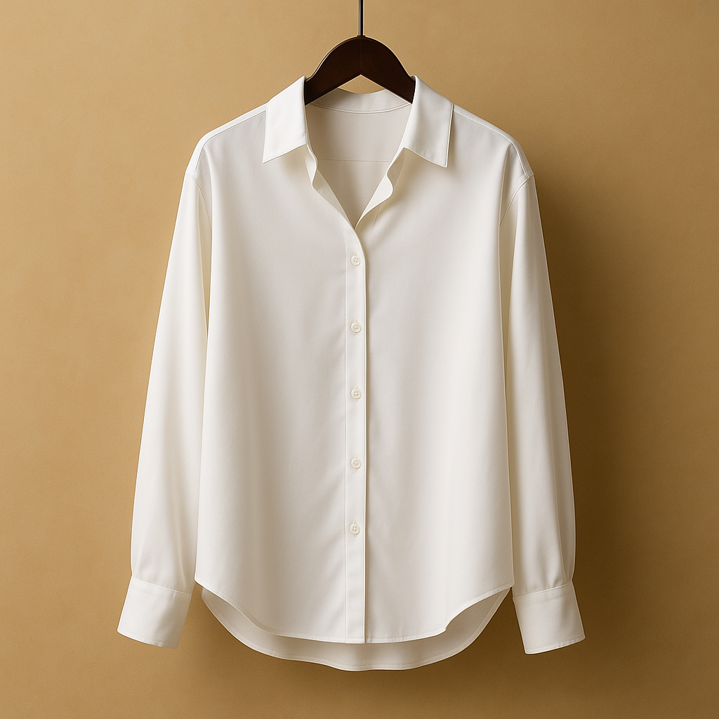 Elegant satin blouse with collar for women featuring a smooth flowing fit and button closure, ideal for office wear and formal occasions.