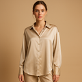 Elegant satin blouse with collar for women featuring a smooth flowing fit and button closure, ideal for office wear and formal occasions.