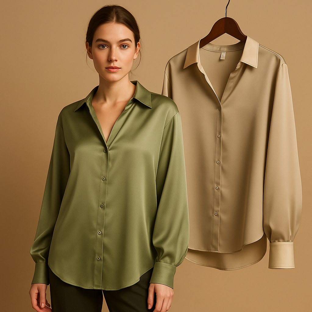 Elegant satin blouse with collar for women featuring a smooth flowing fit and button closure, ideal for office wear and formal occasions.