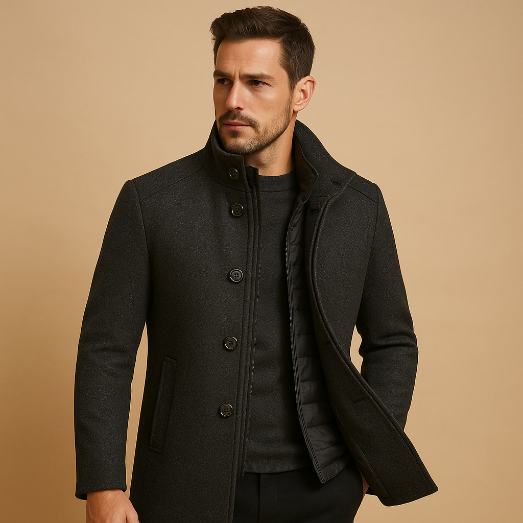 Men’s elegant tailored winter coat with mandarin collar, single-breasted fit, and warm design for formal and everyday wear.