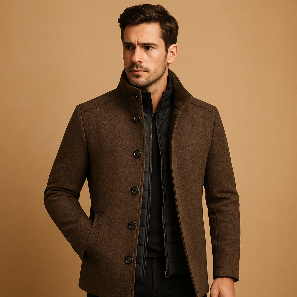 Men’s elegant tailored winter coat with mandarin collar, single-breasted fit, and warm design for formal and everyday wear.