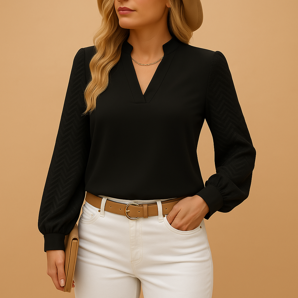 Women’s elegant V-neck blouse with flowing fit and soft fabric, suitable for office wear, casual outfits, and all-season styling.