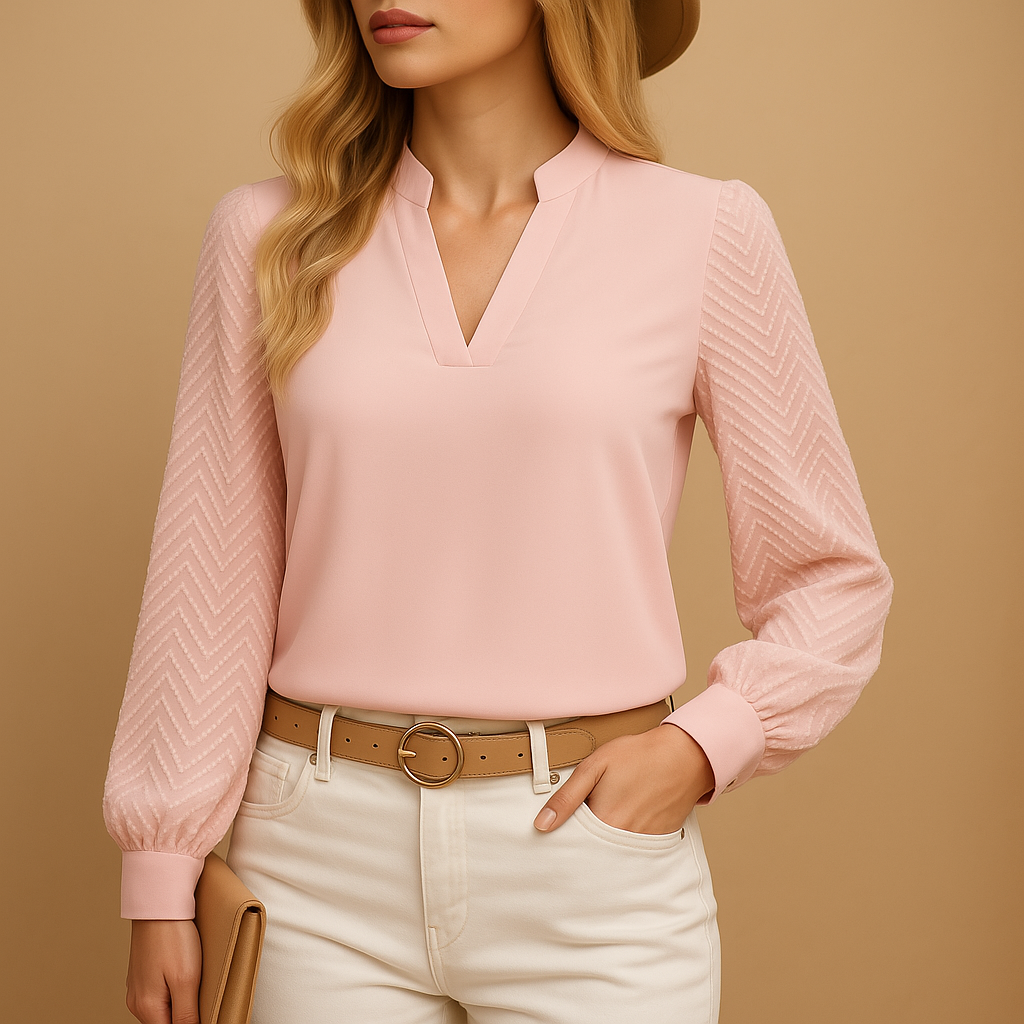 Women’s elegant V-neck blouse with flowing fit and soft fabric, suitable for office wear, casual outfits, and all-season styling.