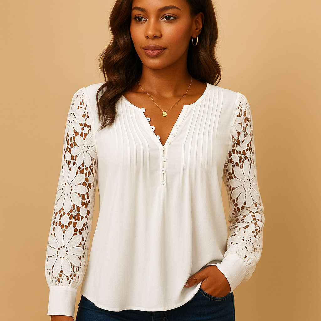 Women’s elegant V-neck lace blouse with refined lace details and a flattering fit, perfect for work, formal occasions, or chic everyday wear.