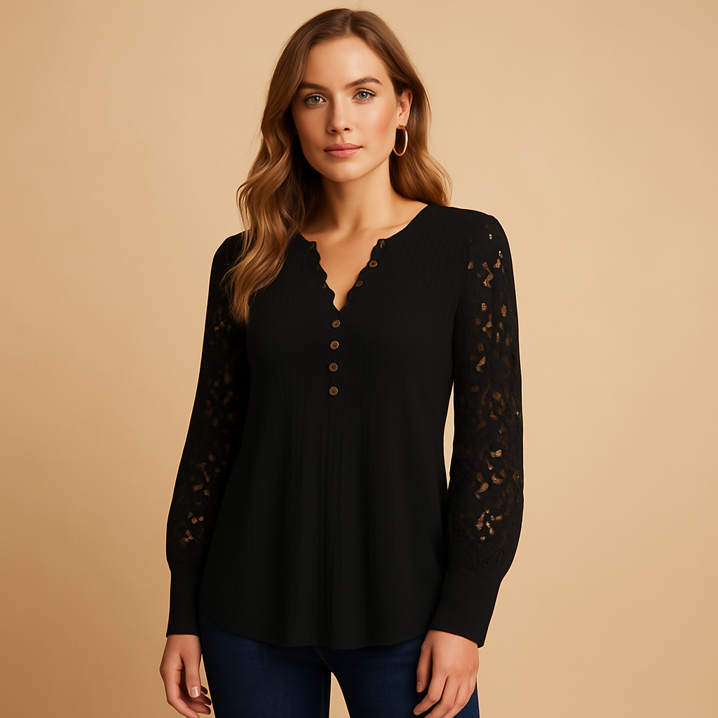 Women’s elegant V-neck lace blouse with refined lace details and a flattering fit, perfect for work, formal occasions, or chic everyday wear.