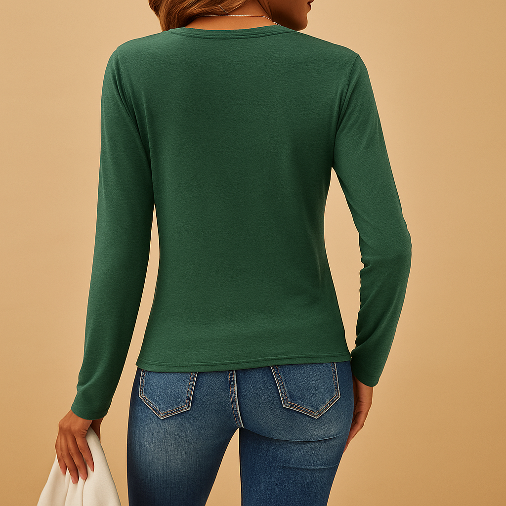 Women’s elegant V-neck long sleeve shirt with classic fit, perfect for office wear, casual outfits, and everyday styling.