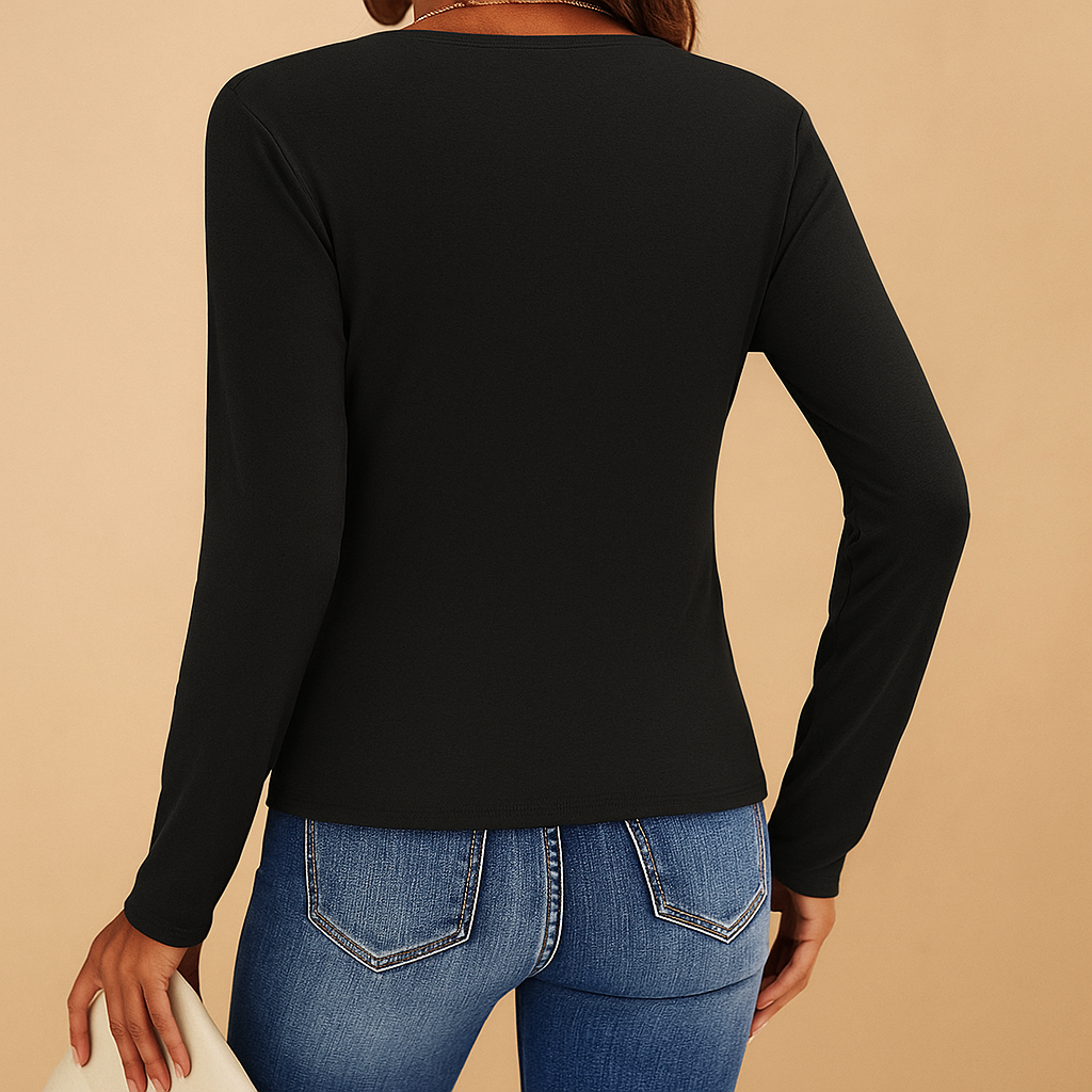 Women’s elegant V-neck long sleeve shirt with classic fit, perfect for office wear, casual outfits, and everyday styling.