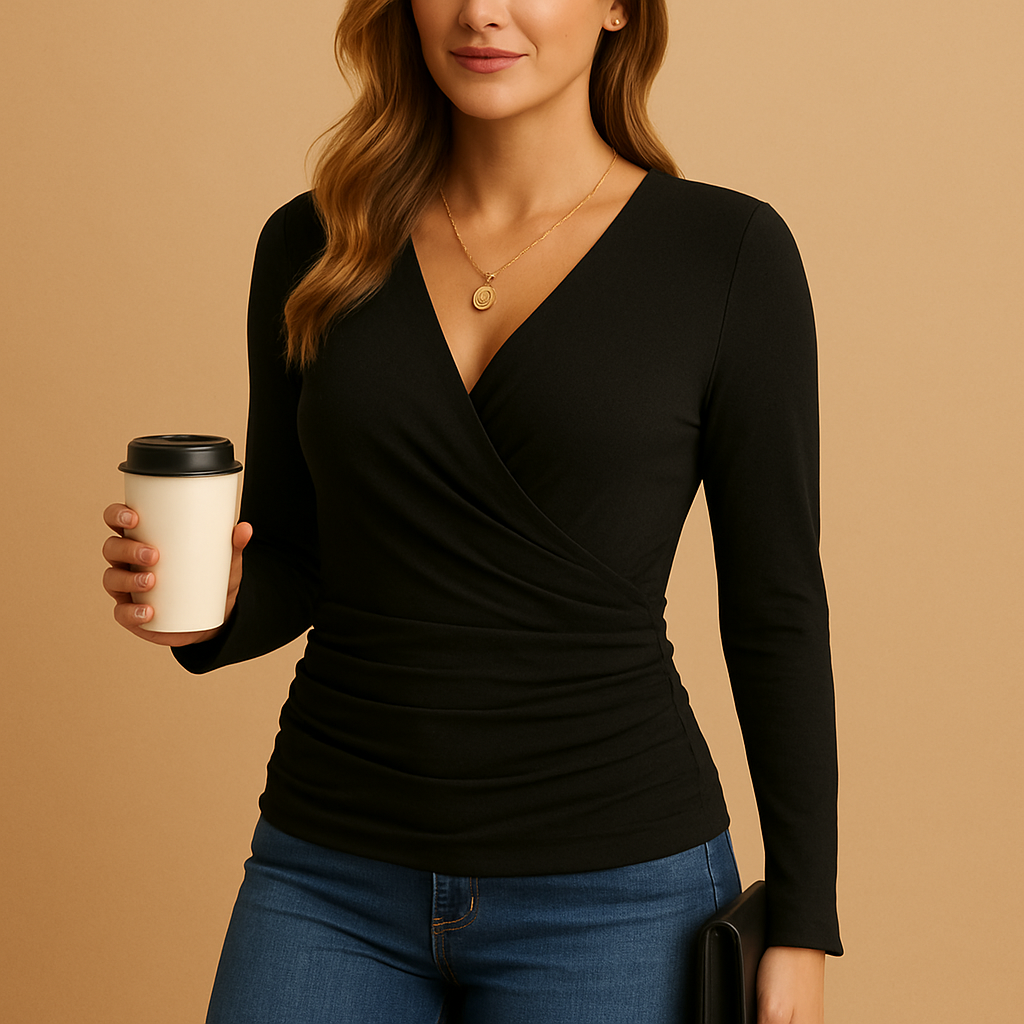 Women’s elegant V-neck long sleeve shirt with classic fit, perfect for office wear, casual outfits, and everyday styling.
