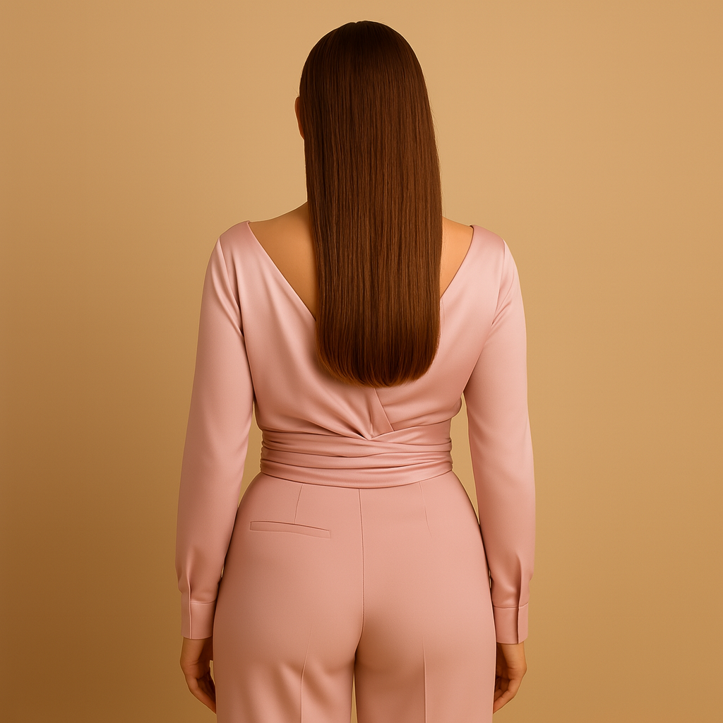 Women’s elegant pink wrap blouse with adjustable tie waist and long sleeves, suitable for office wear, formal occasions, and chic daily outfits.