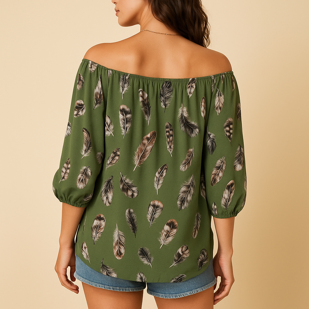 Women’s feather print V-neck summer blouse in white, black, green, dark blue, or pink with loose fit and breathable cotton blend for casual wear.