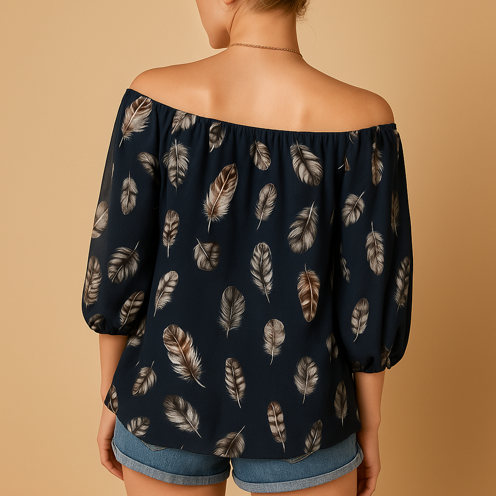 Women’s feather print V-neck summer blouse in white, black, green, dark blue, or pink with loose fit and breathable cotton blend for casual wear.