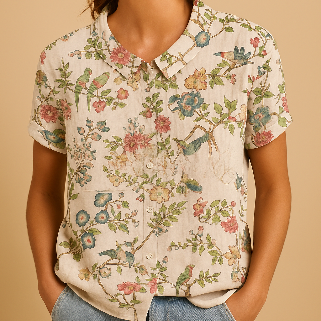 Floral print airy blouse for women with loose comfortable fit and multicolor flower pattern, perfect for casual summer days and outdoor wear.