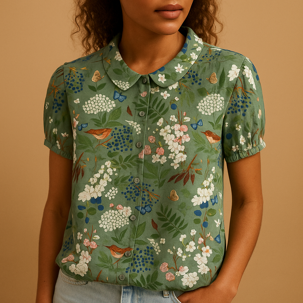 Floral print airy blouse for women with loose comfortable fit and multicolor flower pattern, perfect for casual summer days and outdoor wear.