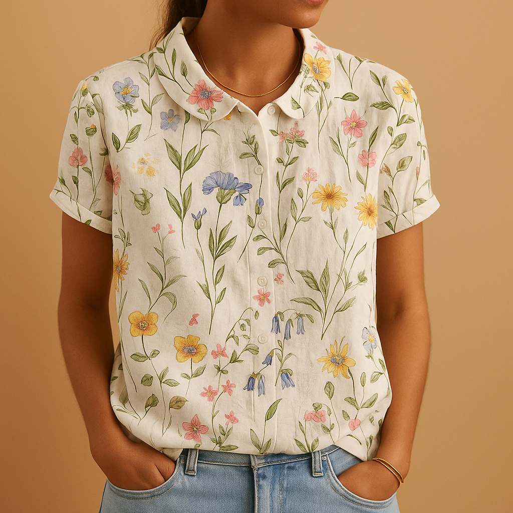 Floral print airy blouse for women with loose comfortable fit and multicolor flower pattern, perfect for casual summer days and outdoor wear.