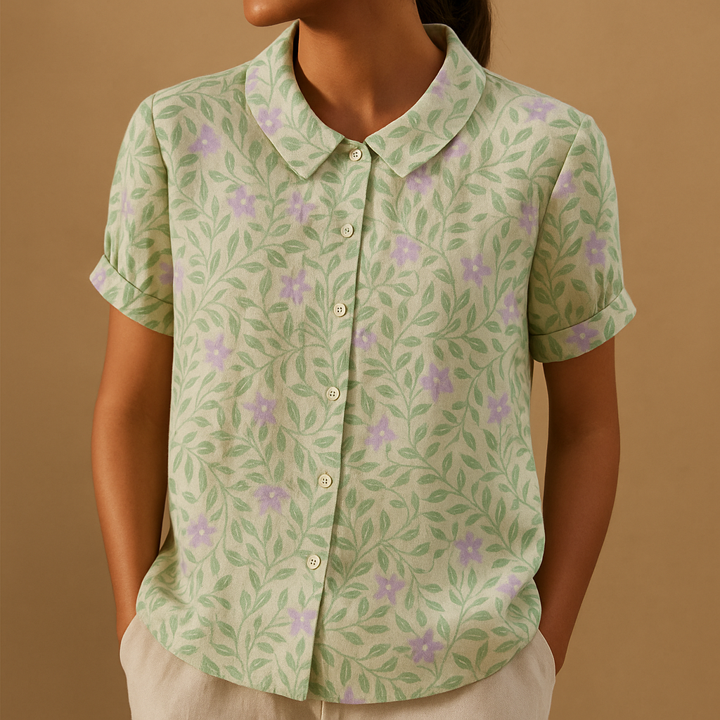 Floral print airy blouse for women with loose comfortable fit and multicolor flower pattern, perfect for casual summer days and outdoor wear.