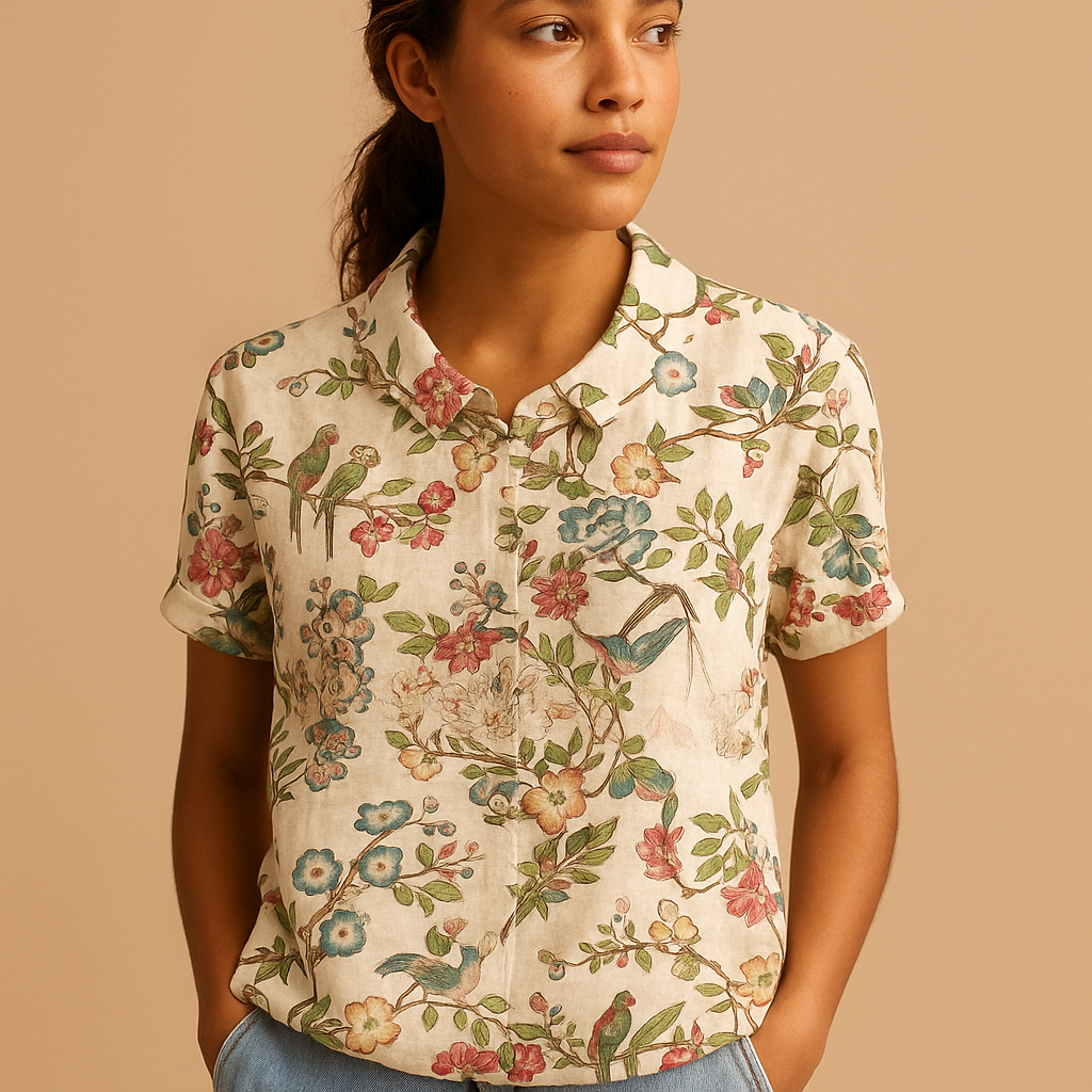 Floral print airy blouse for women with loose comfortable fit and multicolor flower pattern, perfect for casual summer days and outdoor wear.