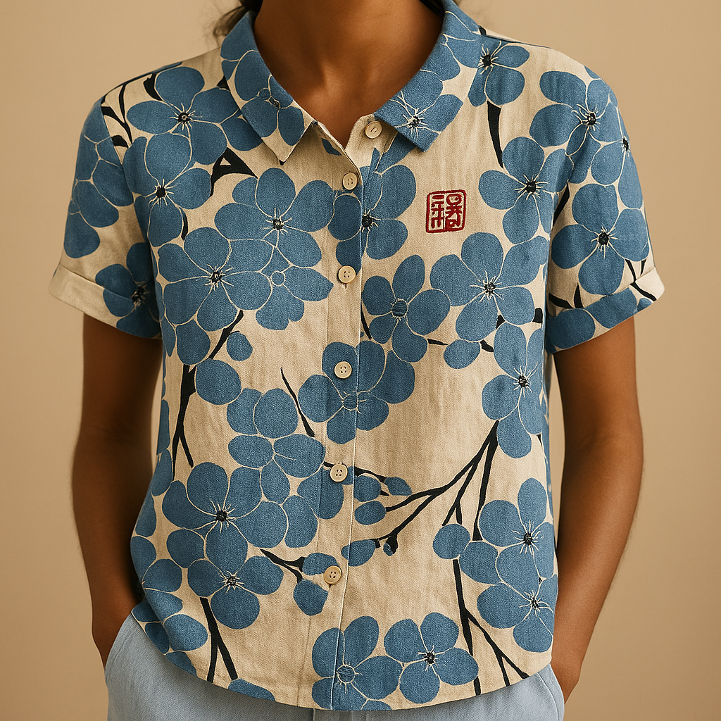 Floral print airy blouse for women with loose comfortable fit and multicolor flower pattern, perfect for casual summer days and outdoor wear.