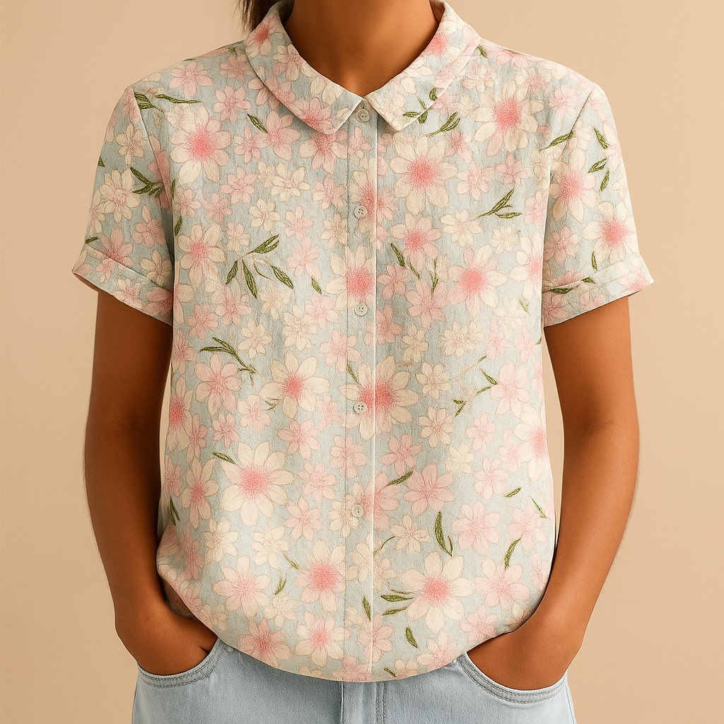 Floral print airy blouse for women with loose comfortable fit and multicolor flower pattern, perfect for casual summer days and outdoor wear.