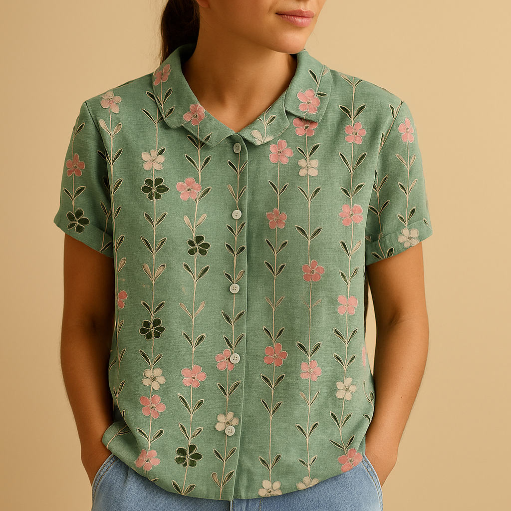 Floral print airy blouse for women with loose comfortable fit and multicolor flower pattern, perfect for casual summer days and outdoor wear.